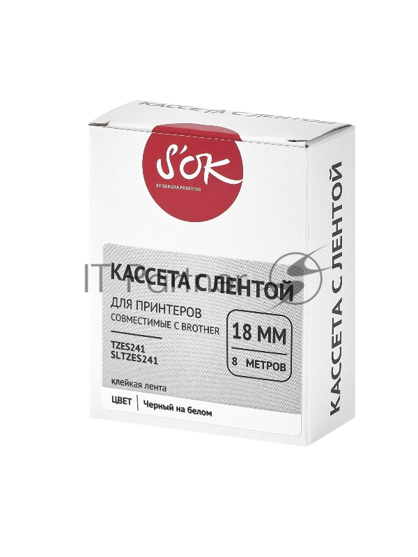 Кассета с лентой SOK by Sakura Printing TZES241 для Brother, черный на белом, 18мм/8м , наклейка