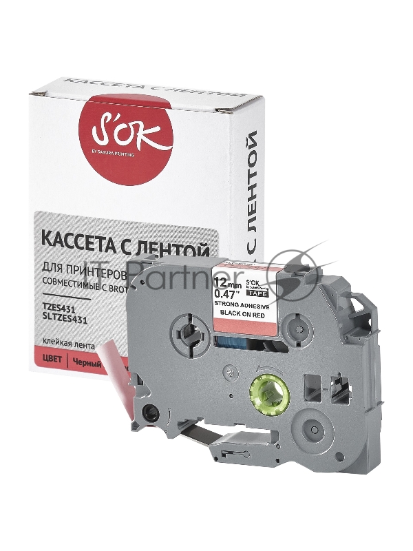 Кассета с лентой SOK by Sakura Printing TZES431 для Brother, черный на красном, 12мм/8м , наклейка