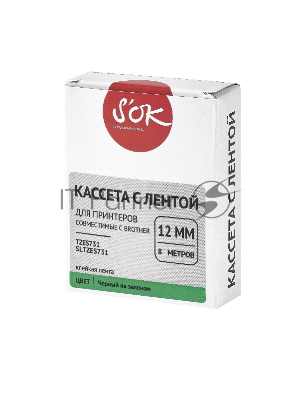 Кассета с лентой SOK by Sakura Printing TZES731 для Brother, черный на зеленом, 12мм/8м , наклейка