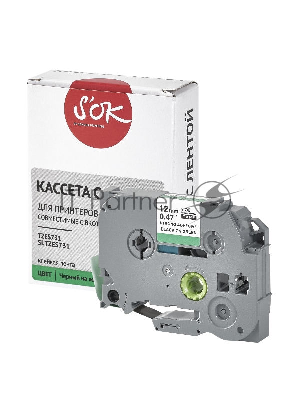Кассета с лентой SOK by Sakura Printing TZES731 для Brother, черный на зеленом, 12мм/8м , наклейка