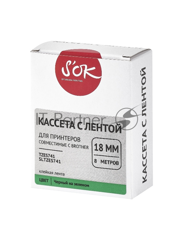 Кассета с лентой SOK by Sakura Printing TZES741 для Brother, черный на зеленом, 18мм/8м , наклейка