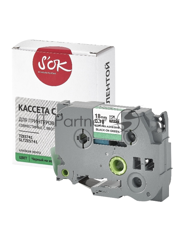 Кассета с лентой SOK by Sakura Printing TZES741 для Brother, черный на зеленом, 18мм/8м , наклейка