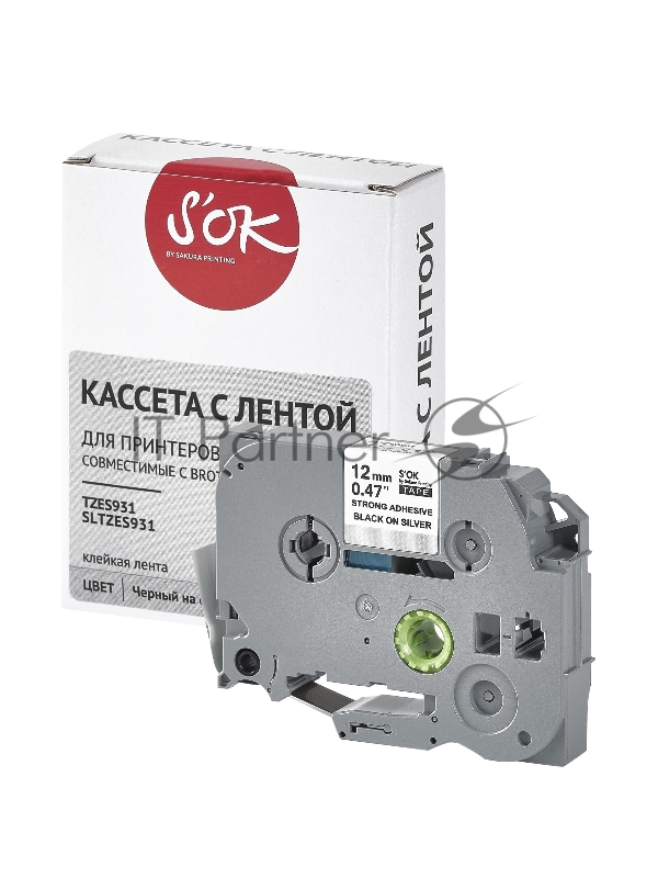 Кассета с лентой SOK by Sakura Printing TZES931 для Brother, черный на серебре, 12мм/8м , наклейка
