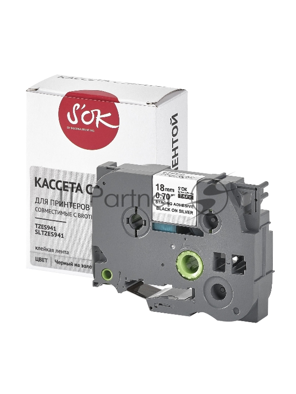 Кассета с лентой SOK by Sakura Printing TZES941 для Brother, черный на серебре, 18мм/8м , наклейка