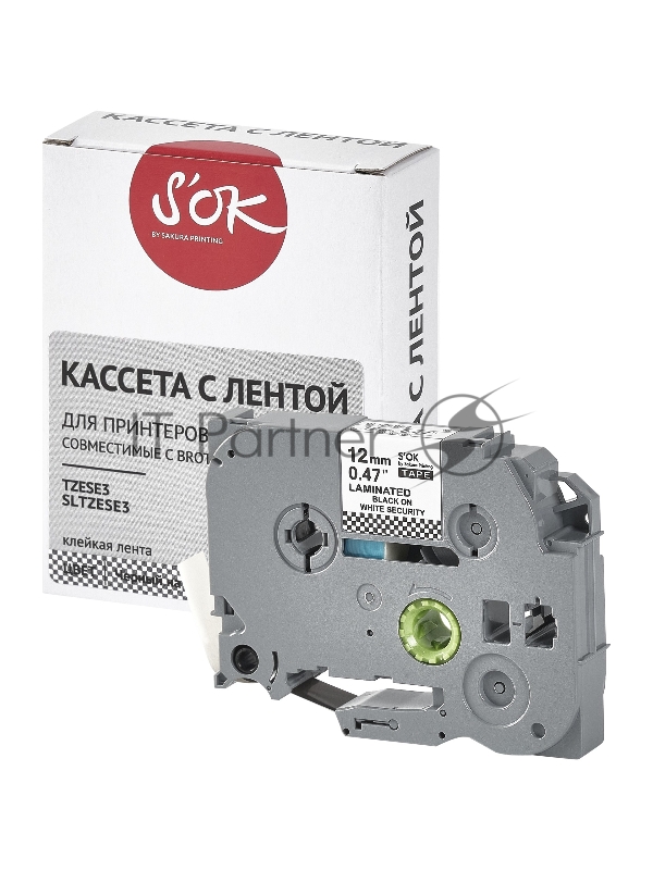 Кассета с лентой SOK by Sakura Printing TZESE3 для Brother, черный на белом, 12мм/8м , наклейка