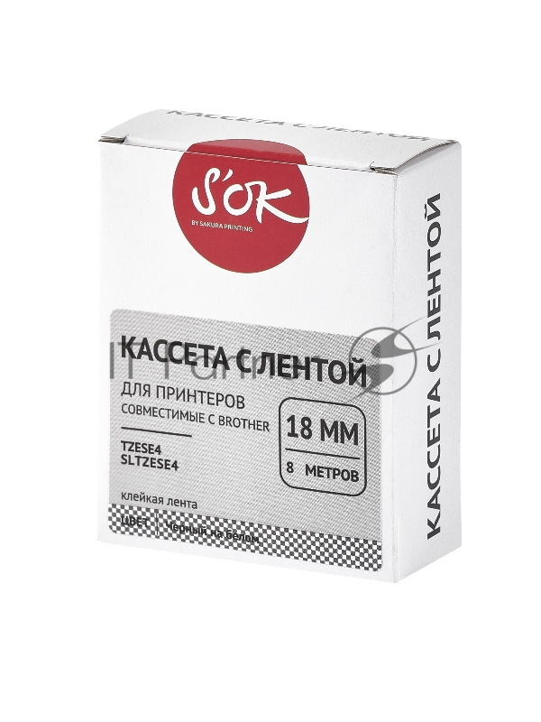 Кассета с лентой SOK by Sakura Printing TZESE4 для Brother, черный на белом, 18мм/8м , наклейка