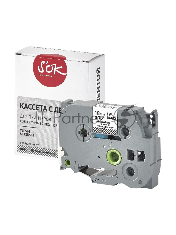 Кассета с лентой SOK by Sakura Printing TZESE4 для Brother, черный на белом, 18мм/8м , наклейка