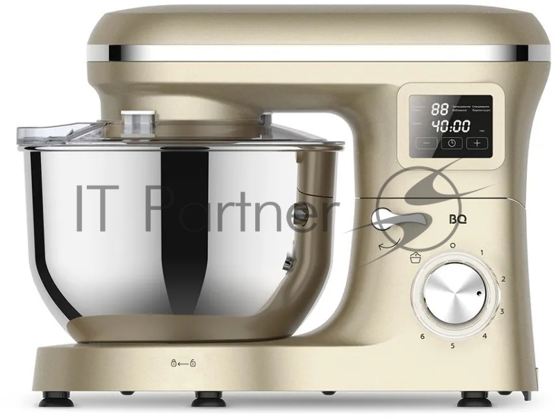 Планетарный миксер BQ MX640 Gold. Максимальная мощность 1600 Вт / Чаша из нержавеющей стали 6 л / Функция ферментации/ Подогрев чаши до 40C / Электронное управление / Металлические насадки в комплекте / Металлические шестерни / Двойная защита: от пер