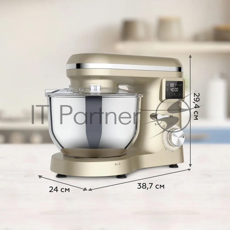 Планетарный миксер BQ MX640 Gold. Максимальная мощность 1600 Вт / Чаша из нержавеющей стали 6 л / Функция ферментации/ Подогрев чаши до 40C / Электронное управление / Металлические насадки в комплекте / Металлические шестерни / Двойная защита: от пер