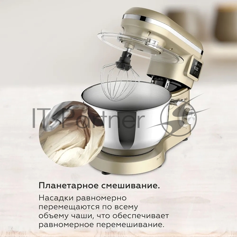 Планетарный миксер BQ MX640 Gold. Максимальная мощность 1600 Вт / Чаша из нержавеющей стали 6 л / Функция ферментации/ Подогрев чаши до 40C / Электронное управление / Металлические насадки в комплекте / Металлические шестерни / Двойная защита: от пер