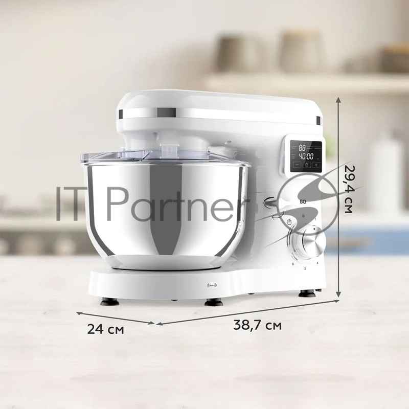 Планетарный миксер BQ MX640 White. Максимальная мощность 1600 Вт / Чаша из нержавеющей стали 6 л / Функция ферментации/ Подогрев чаши до 40C / Электронное управление / Металлические насадки в комплекте / Металлические шестерни / Двойная защита: от пе