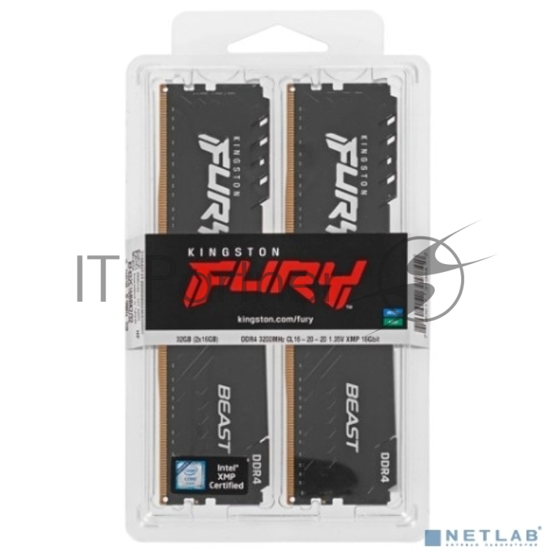 Модуль памяти Kingston DDR4 DIMM 32Gb PC25600, 3200Mhz, FURY Beast Black CL16 (Kit of 2) (KF432C16BBK2/32) (retail)