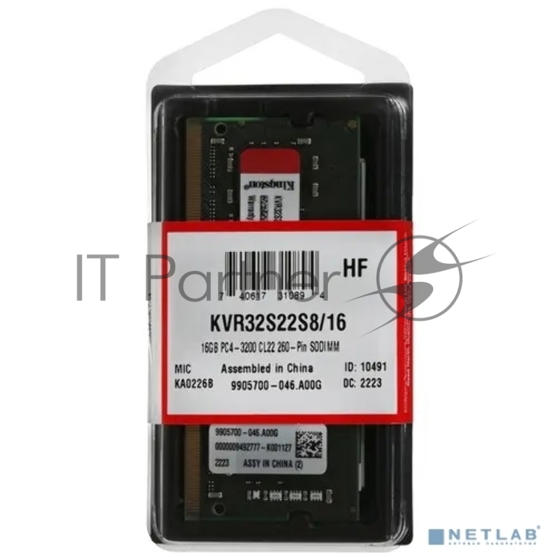 Модуль памяти SO-DIMM DDR 4 DIMM 16Gb PC25600, 3200Mhz, Kingston (KVR32S22S8/16) (retail)