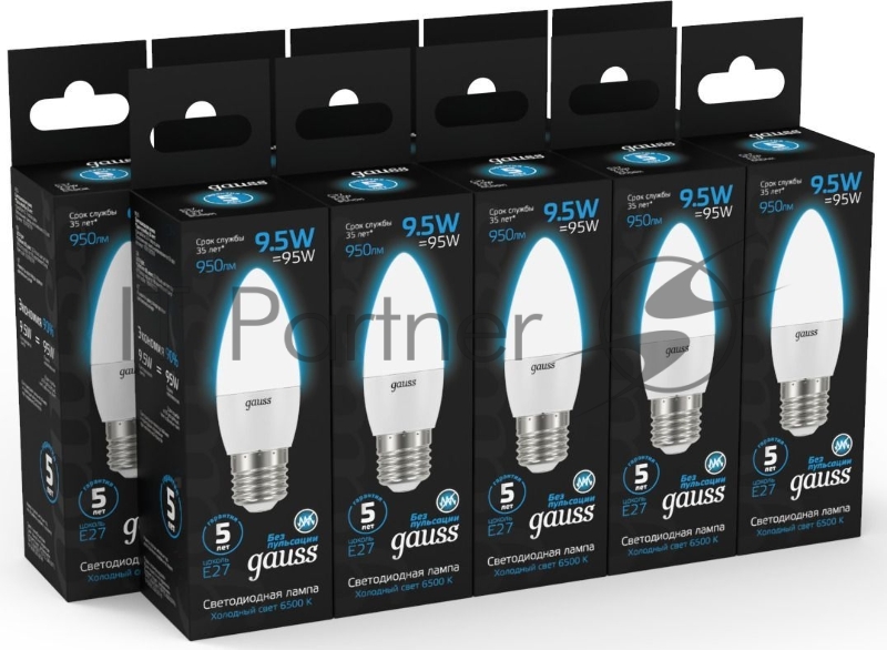 Лампа светодиодная Gauss 103102310 9.5Вт цок.:E27 свеча 220B 6500K св.свеч.бел.хол. (упак.:10шт)