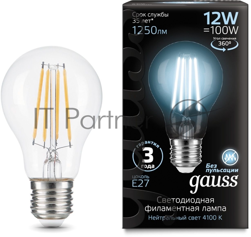 Лампа Gauss Filament А60 12W 1250lm 4100К Е27 LED 1/10/40