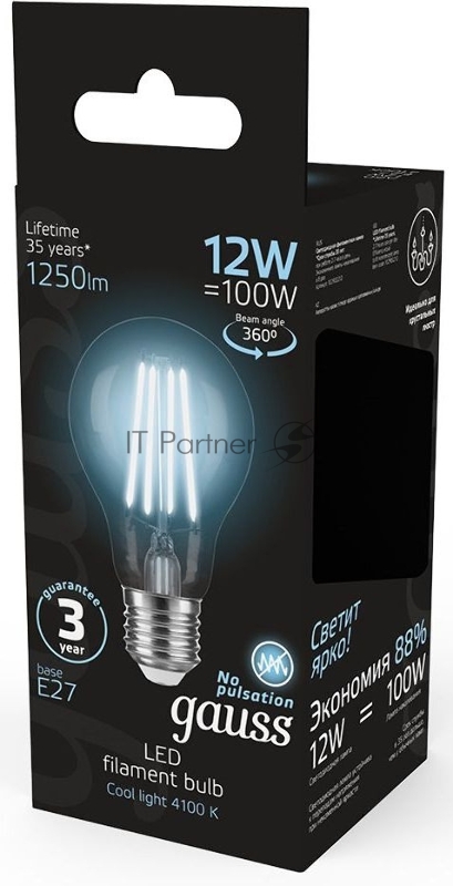 Лампа Gauss Filament А60 12W 1250lm 4100К Е27 LED 1/10/40