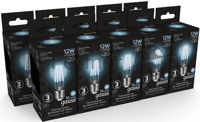 Лампа Gauss Filament А60 12W 1250lm 4100К Е27 LED 1/10/40