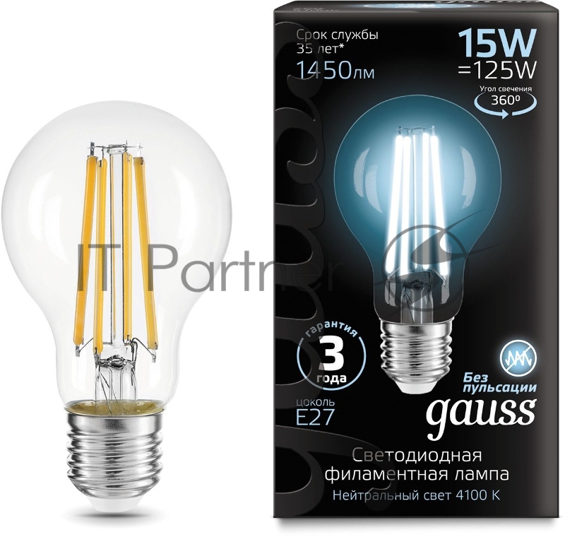 Лампа Gauss Filament А60 15W 1450lm 4100К Е27 LED 1/10/40