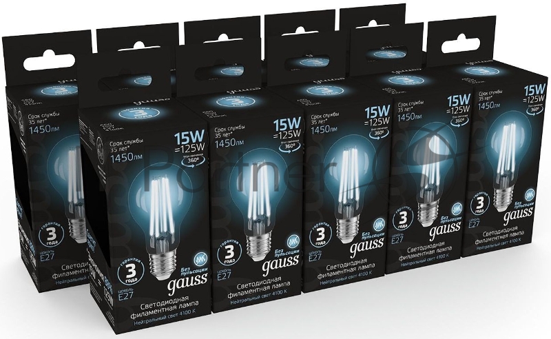 Лампа Gauss Filament А60 15W 1450lm 4100К Е27 LED 1/10/40