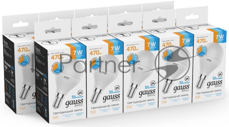 Лампа светодиодная Gauss Basic 1053147 7Вт цок.:E14 шар 220B св.свеч.многоцв. (упак.:10шт)