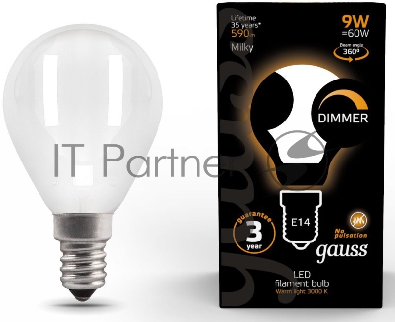 Лампа светодиодная Gauss Filament 105201109-D 9Вт цок.:E14 шар 220B 3000K св.свеч.бел.теп. (упак.:10шт)