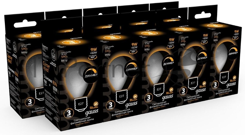 Лампа светодиодная Gauss Filament 105202109-D 9Вт цок.:E27 шар 220B 3000K св.свеч.бел.теп. (упак.:10шт)
