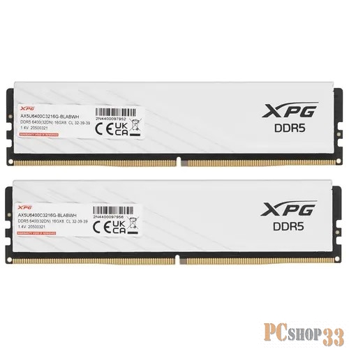 Модуль памяти ADATA DDR5 Общий объём памяти 32Гб Module capacity 16Гб Количество 2 6400 МГц Радиатор Множитель частоты шины 32 1.4 В белый AX5U6400C3216G-DTLABWH