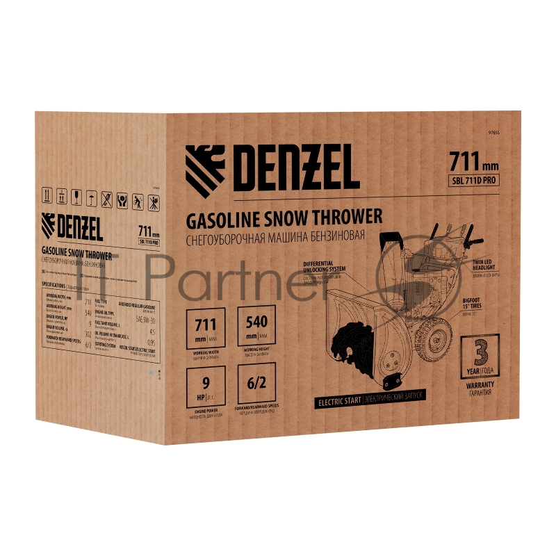 Бензиновая снегоуборочная машина SBL 711D PRO, 302cc, эл.старт, фара, обогрев, блок. дифф.// Denzel