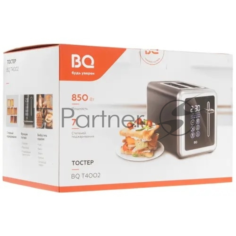 Тостер BQ T4002 Steel-Black, Мощность 850 Вт, 7 степеней поджаривания, Режимы: подогрев, разморозка, поджаривание одного тоста, Выбор типа изделия: хлеб, бейгл, вафли, выпечка, английский маффин, LED дисплей, Сенсорное управление, Съемный лоток для с