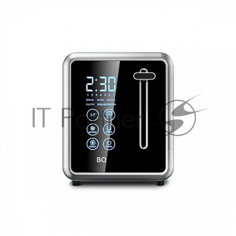 Тостер BQ T4002 Steel-Black, Мощность 850 Вт, 7 степеней поджаривания, Режимы: подогрев, разморозка, поджаривание одного тоста, Выбор типа изделия: хлеб, бейгл, вафли, выпечка, английский маффин, LED дисплей, Сенсорное управление, Съемный лоток для с