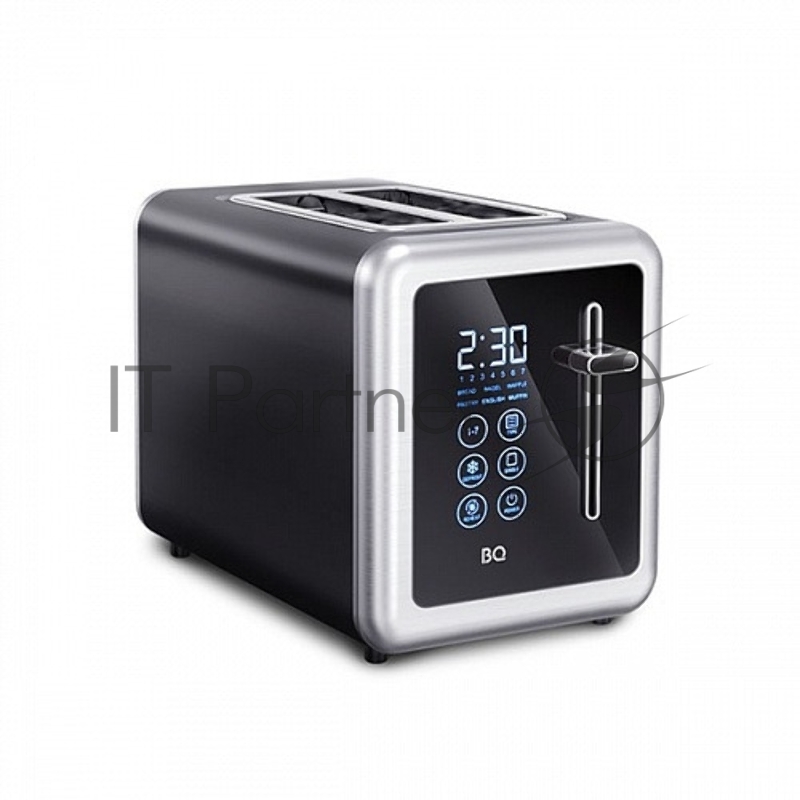Тостер BQ T4002 Steel-Black, Мощность 850 Вт, 7 степеней поджаривания, Режимы: подогрев, разморозка, поджаривание одного тоста, Выбор типа изделия: хлеб, бейгл, вафли, выпечка, английский маффин, LED дисплей, Сенсорное управление, Съемный лоток для с