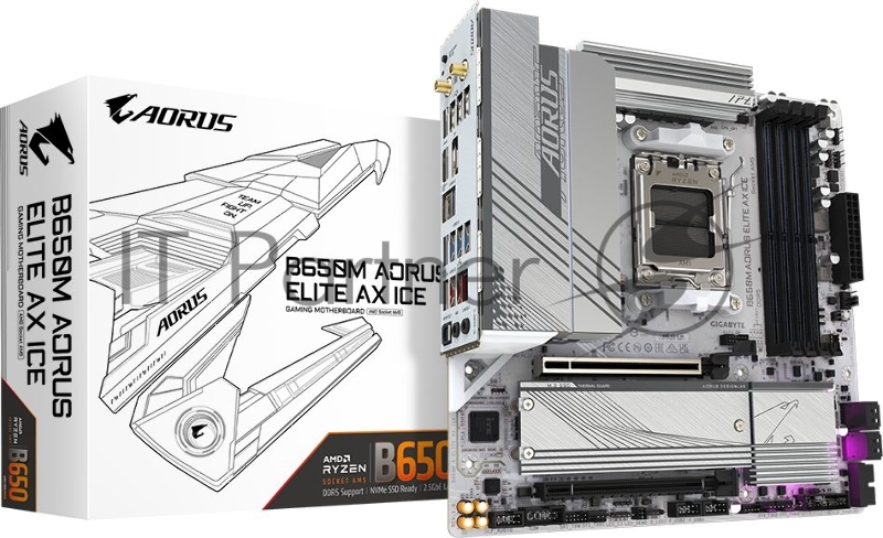Материнская плата Gigabyte B650M A ELITE AX ICE SocketAM5 AMD B650 4xDDR5 mATX AC`97 8ch(7.1) 2.5Gg RAID+HDMI+DP