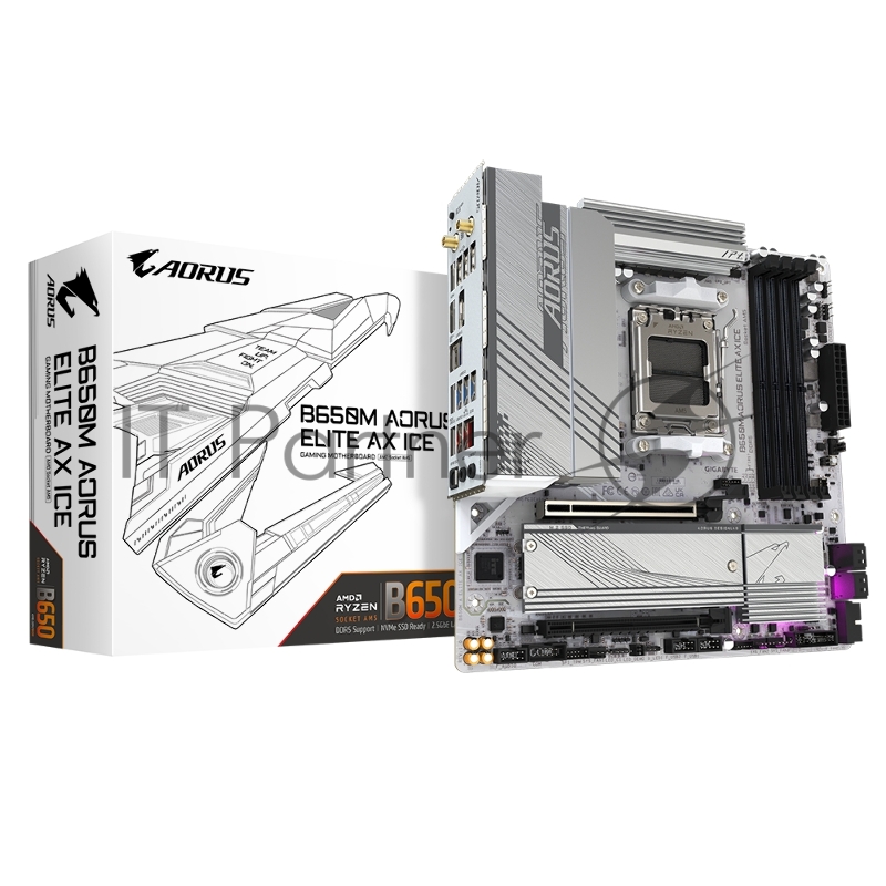 Материнская плата Gigabyte B650M A ELITE AX ICE SocketAM5 AMD B650 4xDDR5 mATX AC`97 8ch(7.1) 2.5Gg RAID+HDMI+DP