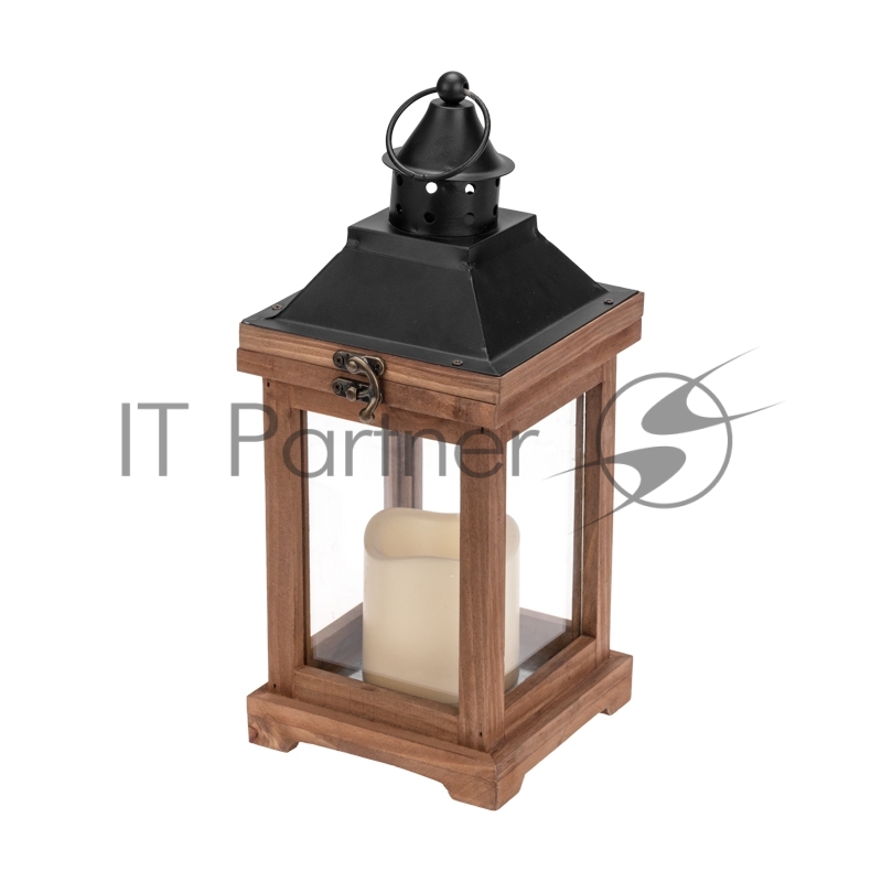 Декоративный фонарь со свечкой, корпус из дерева, размер 14х14х35cм, цвет теплый белый