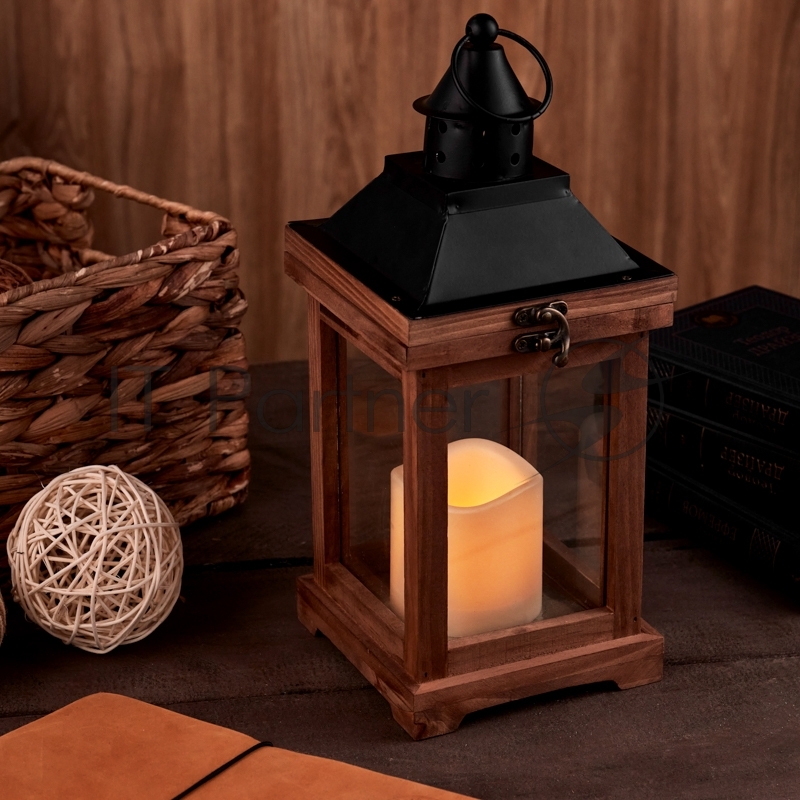 Декоративный фонарь со свечкой, корпус из дерева, размер 14х14х35cм, цвет теплый белый