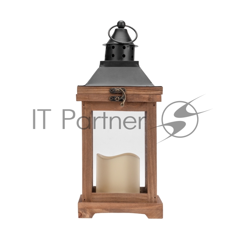 Декоративный фонарь со свечкой, корпус из дерева, размер 14х14х35cм, цвет теплый белый
