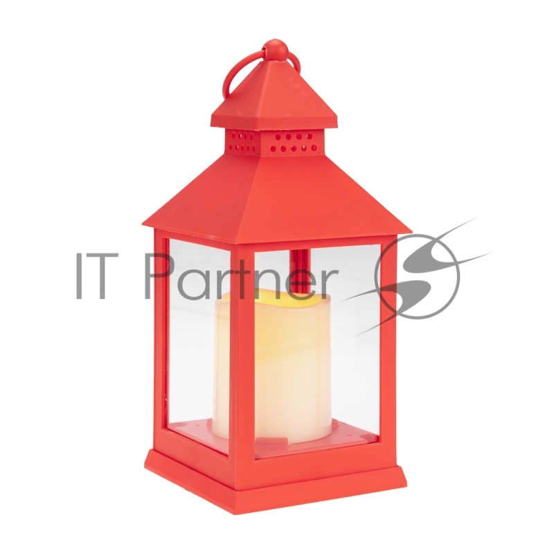 Декоративный фонарь со свечкой, красный корпус, размер 10,5х10,5х24см, цвет ТЕПЛЫЙ БЕЛЫЙ