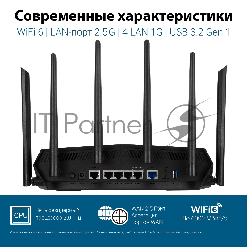 Маршрутизатор Asus TUF-AX6000 AX6000 2.5GE/USB3.0 компл.:устройство/крепления/ад черный (упак.:1шт)