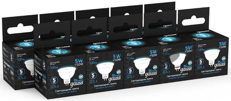 Лампа светодиодная Gauss 101505305 5Вт цок.:GU5.3 рефлек. 220B 6500K св.свеч.бел.хол. (упак.:10шт)