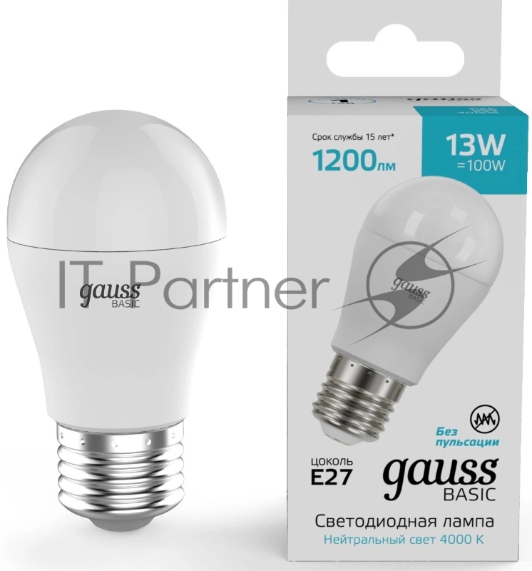 Лампа светодиодная Gauss Basic 13Вт цок.:E27 шар св.свеч.бел.нейт. (10502232)
