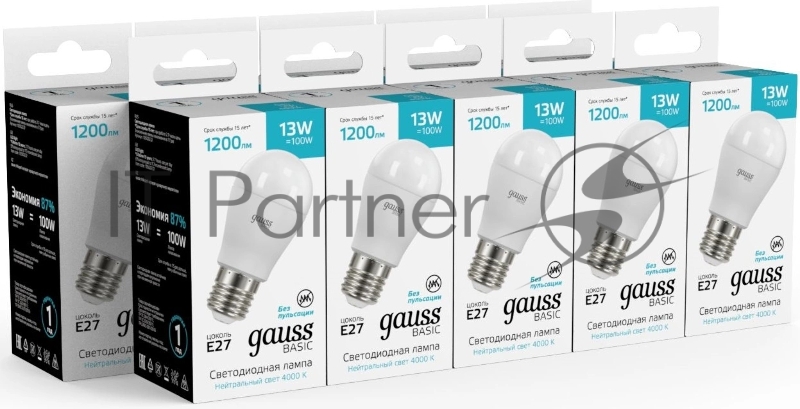 Лампа светодиодная Gauss Basic 13Вт цок.:E27 шар св.свеч.бел.нейт. (10502232)