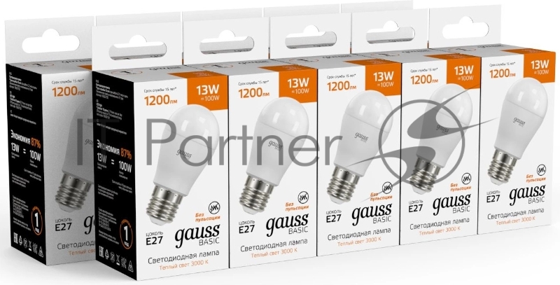 Лампа светодиодная Gauss Basic 13Вт цок.:E27 шар св.свеч.теп.св./дневн. (10502132)