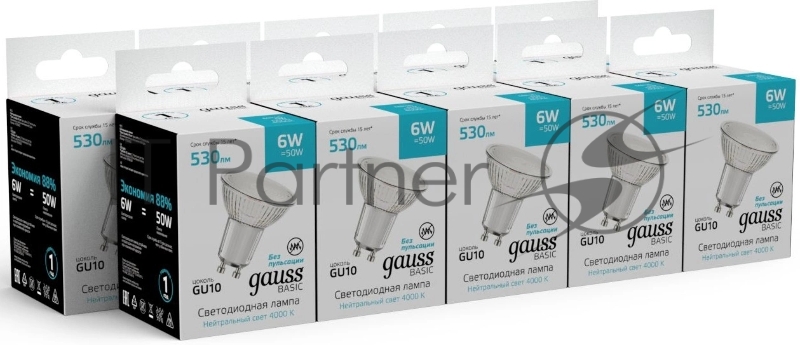 Лампа светодиодная Gauss Basic 6Вт цок.:GU10 софит св.свеч.бел.нейт. (10106262)