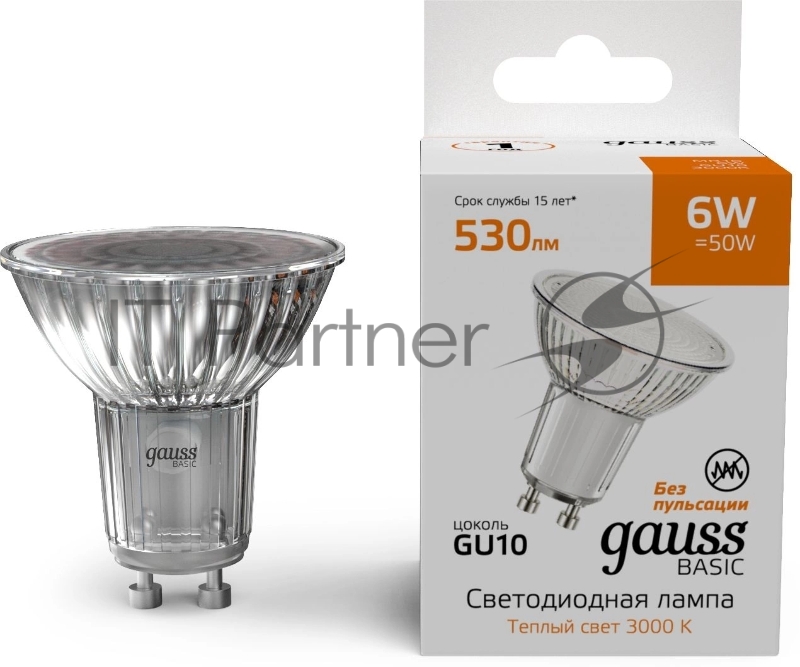 Лампа светодиодная Gauss Basic 6Вт цок.:GU10 софит св.свеч.теп.св./дневн. (10106162)