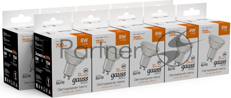 Лампа светодиодная Gauss Basic 8Вт цок.:GU10 софит св.свеч.теп.св./дневн. (10106182)