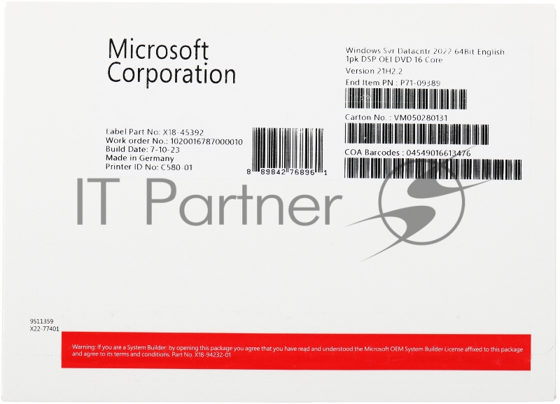 Операционная система Microsoft Windows Server Datacenter 2022 64Bit English 1pk DSP OEI DVD 16 Core (P71-09389)