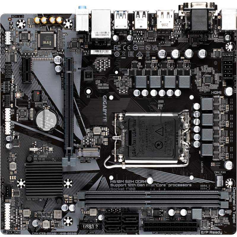 Материнская плата Gigabyte H610M S2H DDR4 (V1.1/V1.2) , Socket 1700, Intel®H610, 2xDDR5-4800, D-SUB+DVI-D+HDMI+DP, 1xPCI-Ex16, 1xPCI-Ex1, 4xSATA3, 1xM.2, 8Ch Audio, GLan, (4+4)xUSB2.0, (2+2)xUSB3.2, 2xPS/2, mATX, RTL