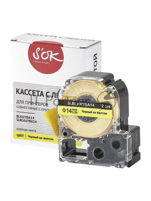 Кассета с лентой SOK by Sakura Printing BLK6YBA14 для Epson , черный на желтом, φ14мм/2.5м