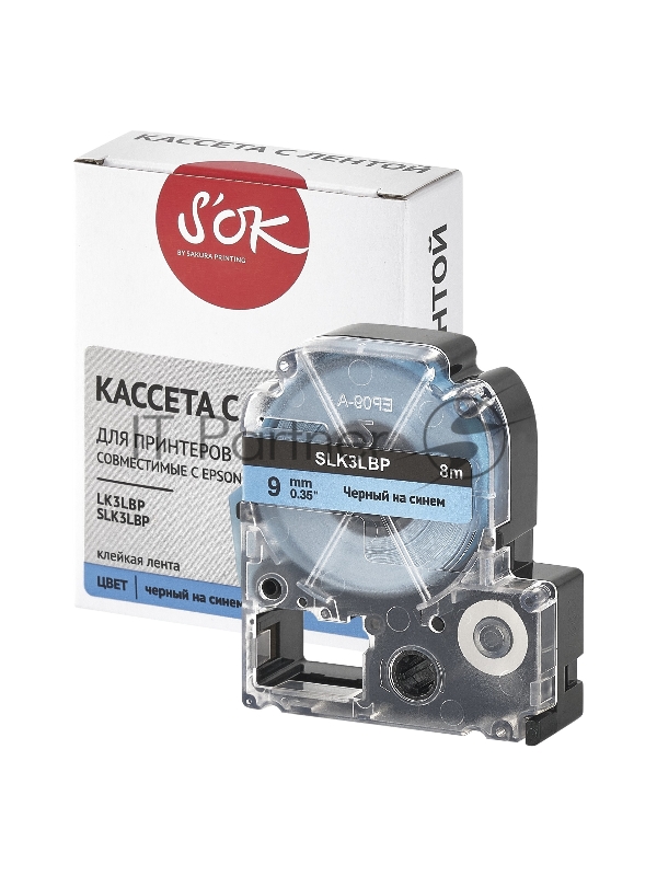 Кассета с лентой SOK by Sakura Printing K3LBP для Epson , черный на синем, 9мм/8м
