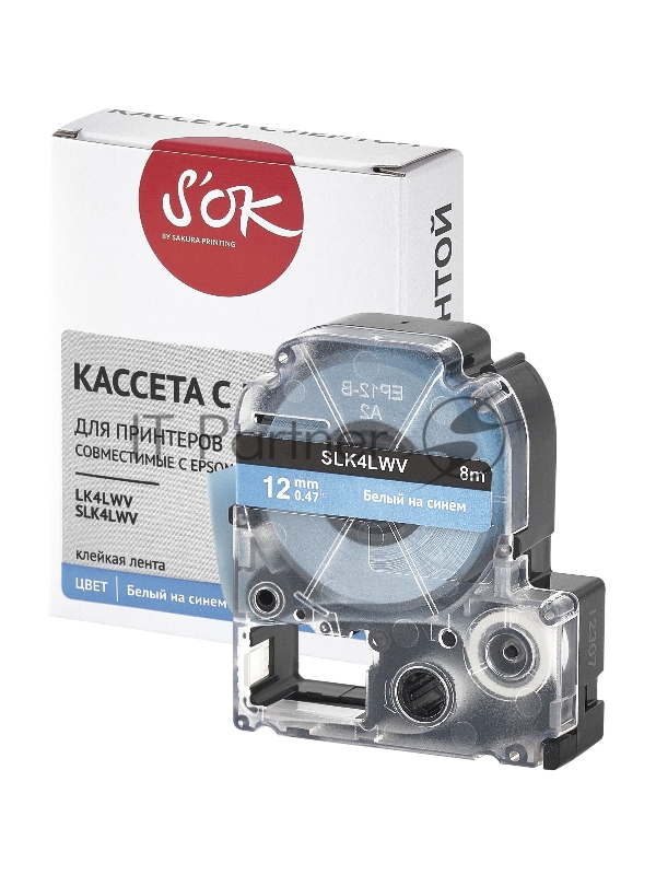 Кассета с лентой SOK by Sakura Printing K4LWV для Epson , белый на синем, 12мм/8м